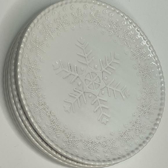 Pier 1 Snowflake Embossed Stoneware Dinner Plates Set of 6 Beige 10” Retired HTF - Picture 6 of 7
